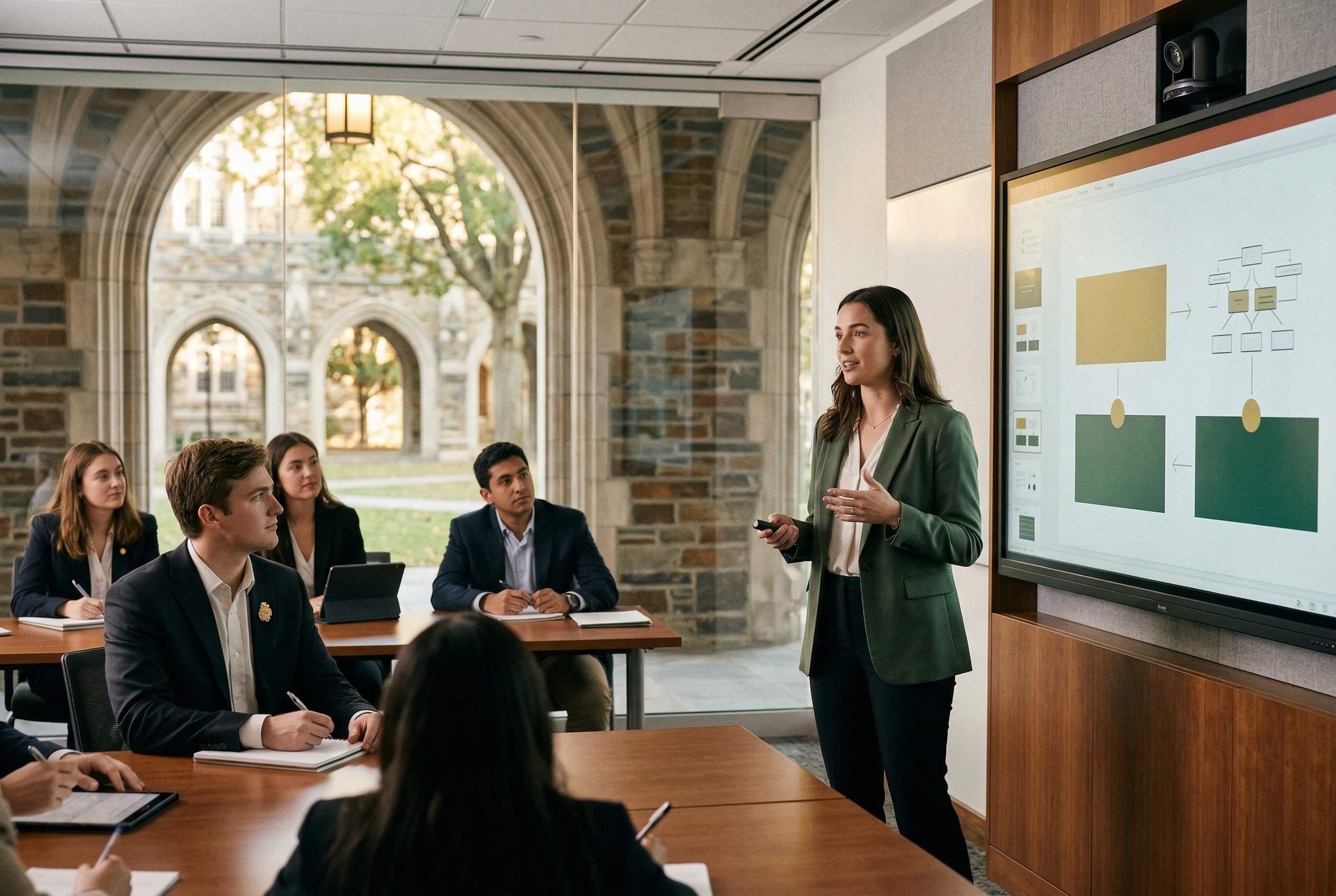 A student giving a presentation in a business classroom