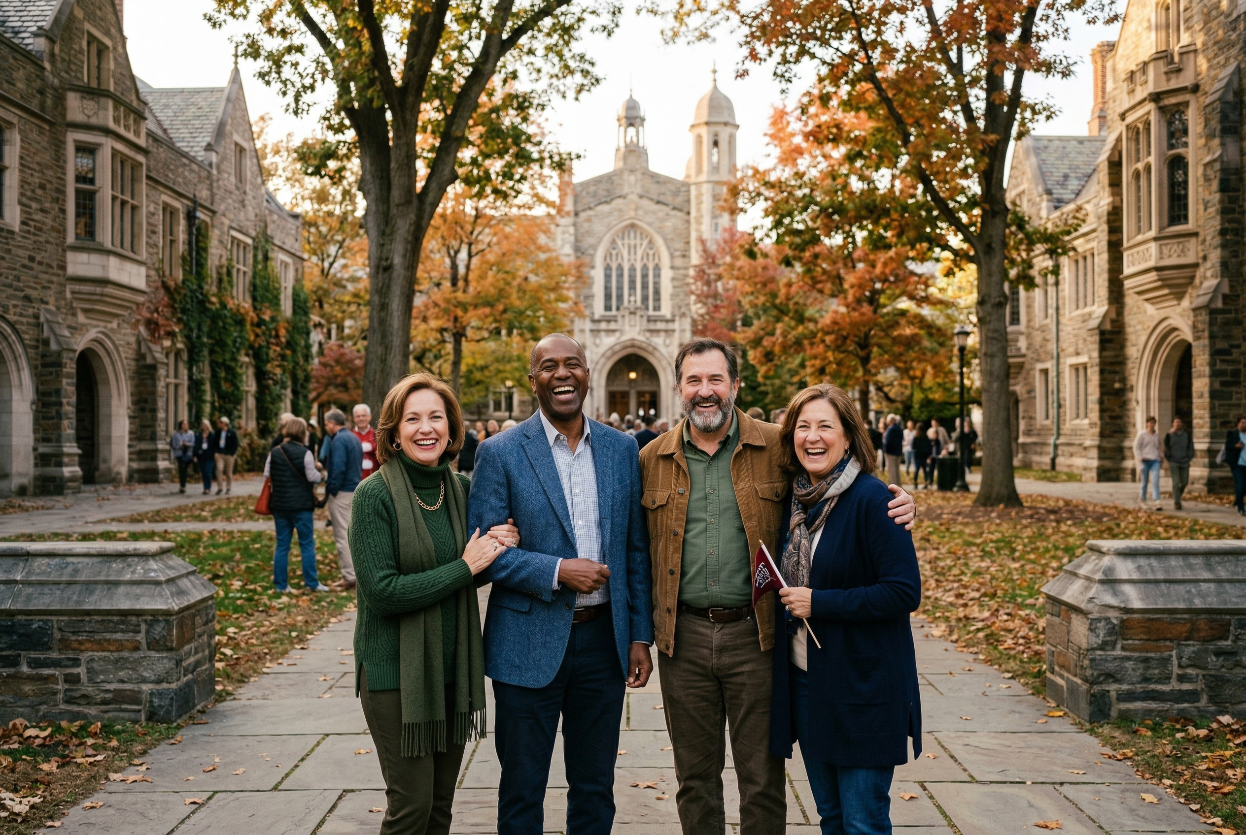 A group of alumni taking a photo together on the main quad
