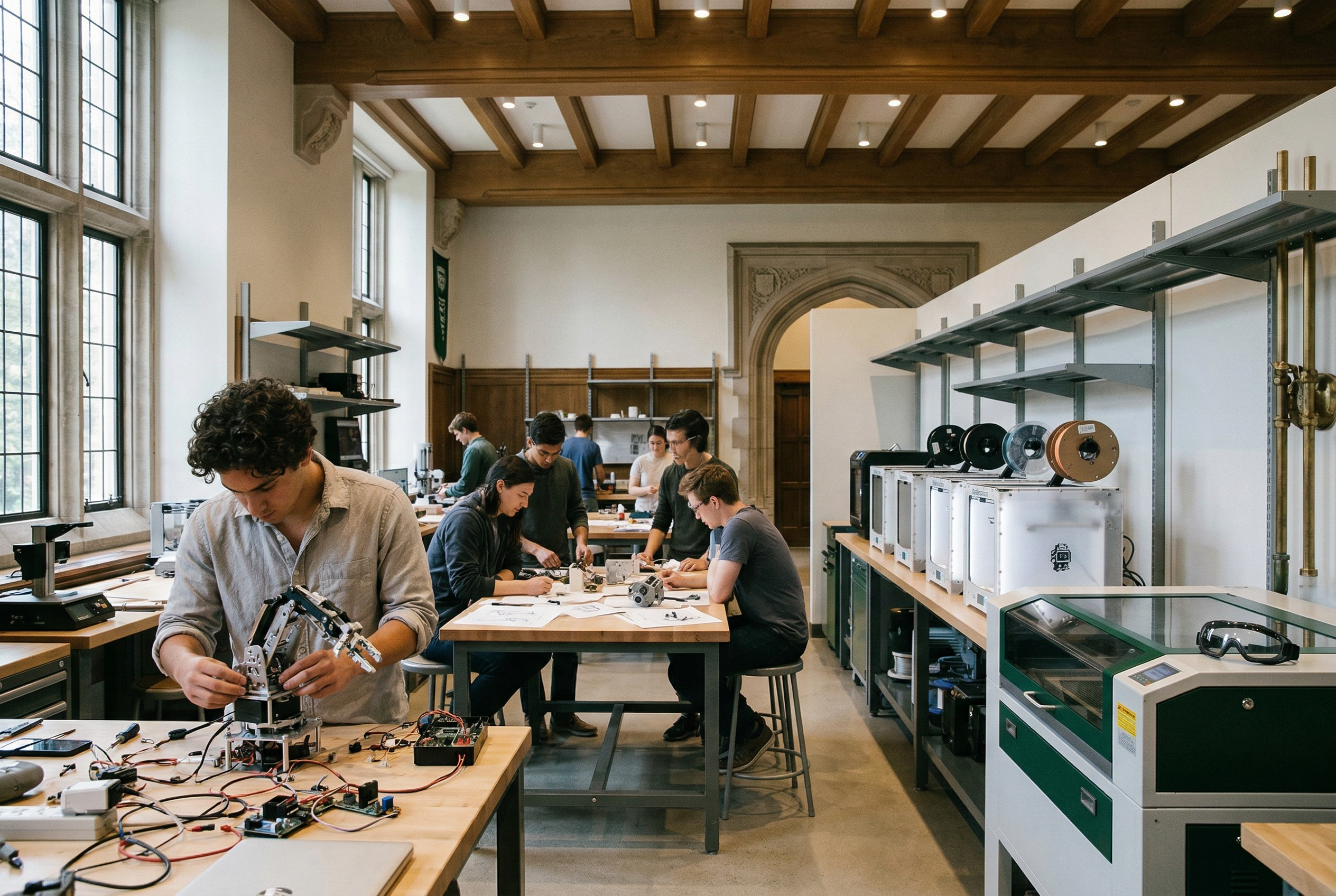 Students working inside the university makerspace