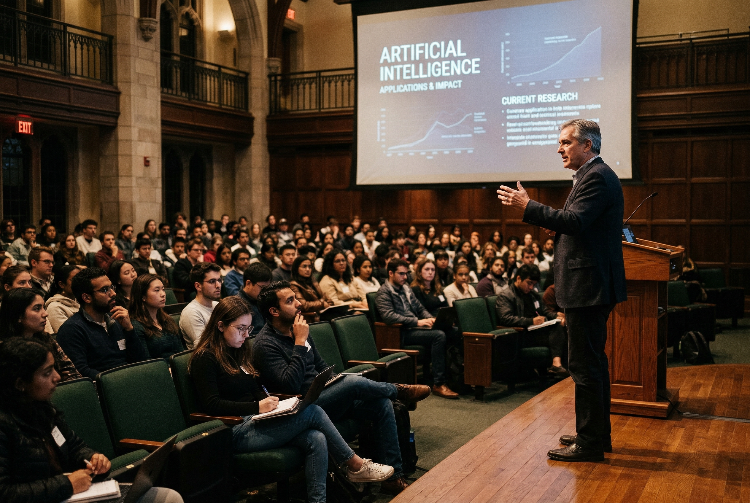 A speaker presenting in a university auditorium