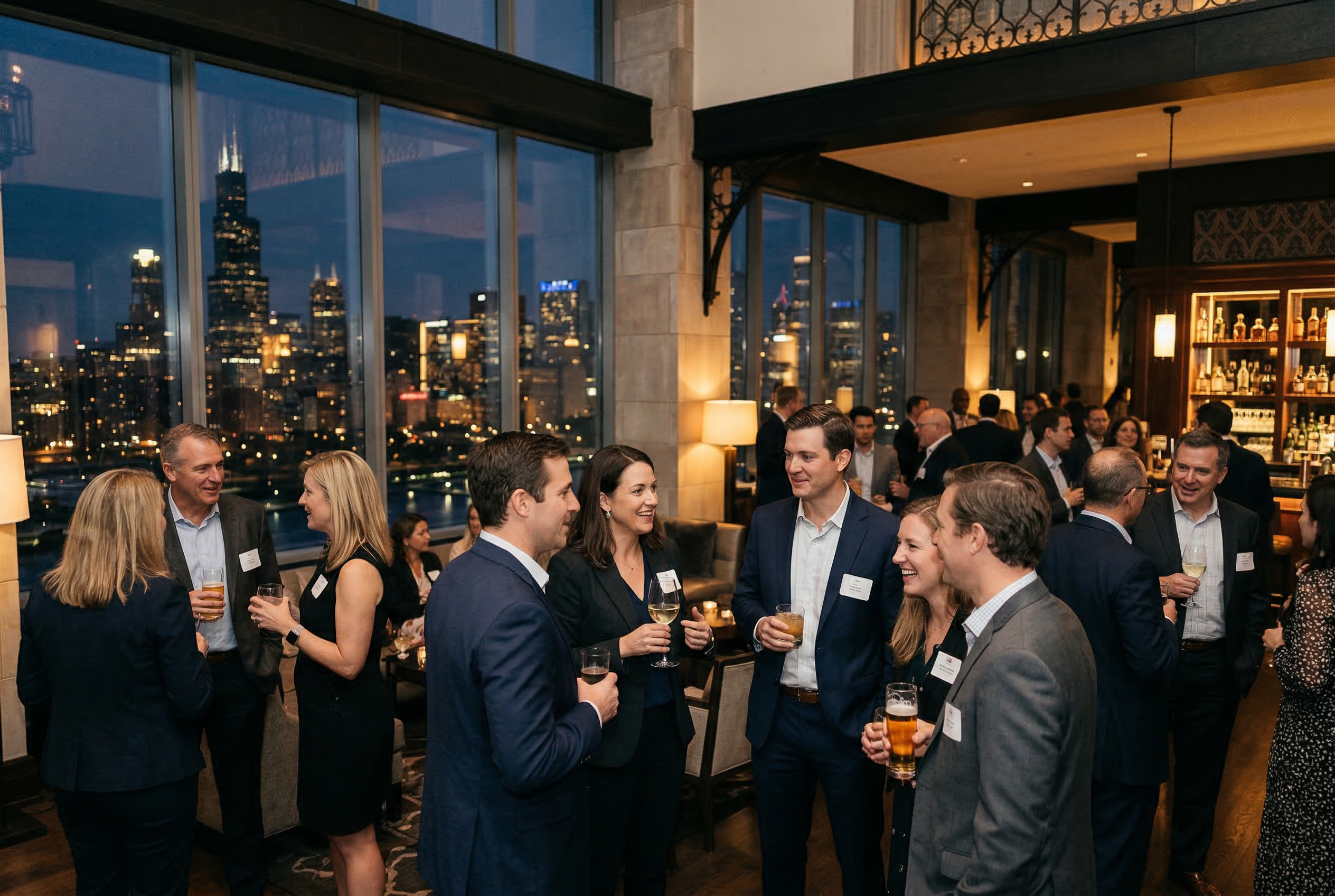 Professionals speaking at an evening networking event