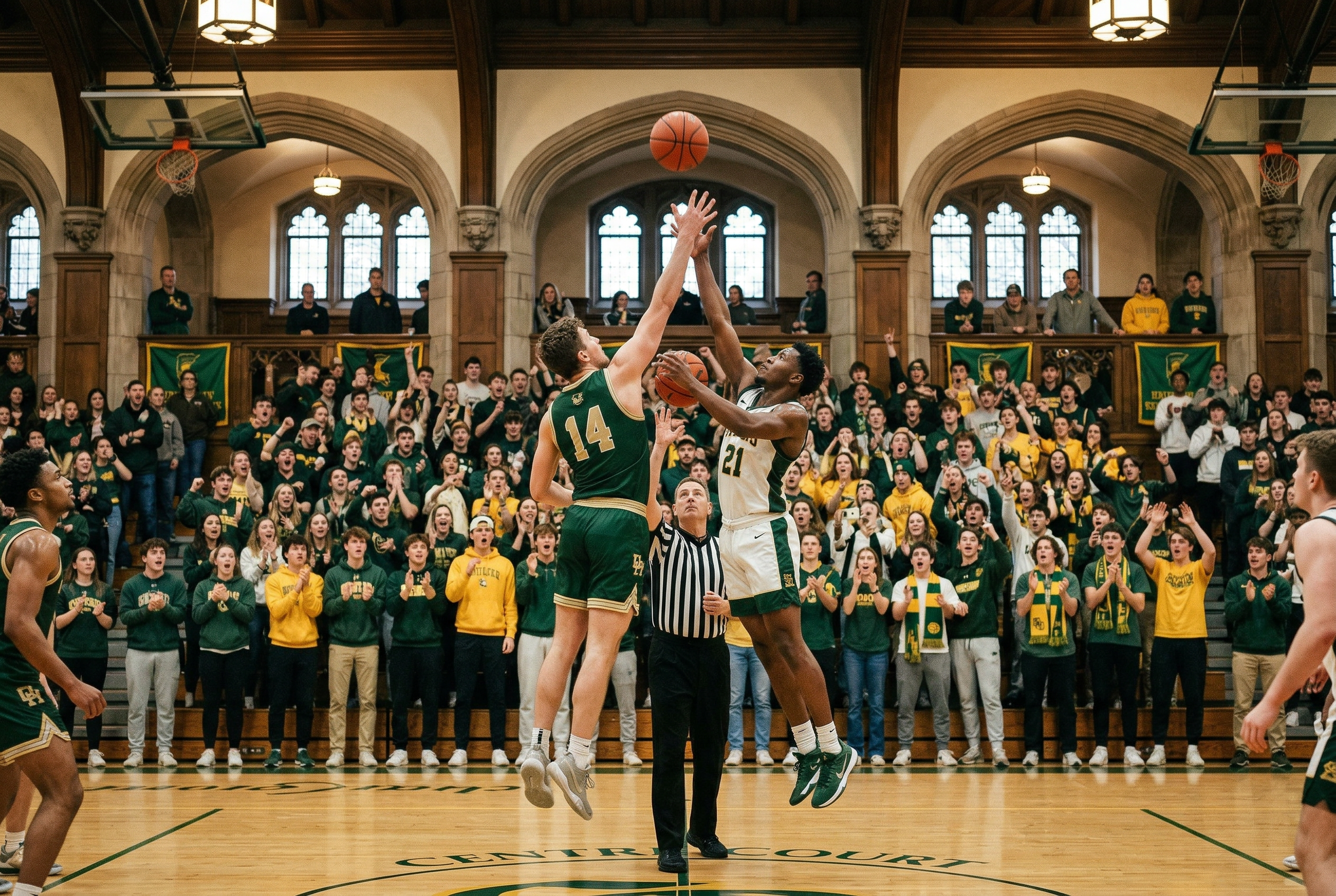 Players jumping for the opening tip at a basketball game