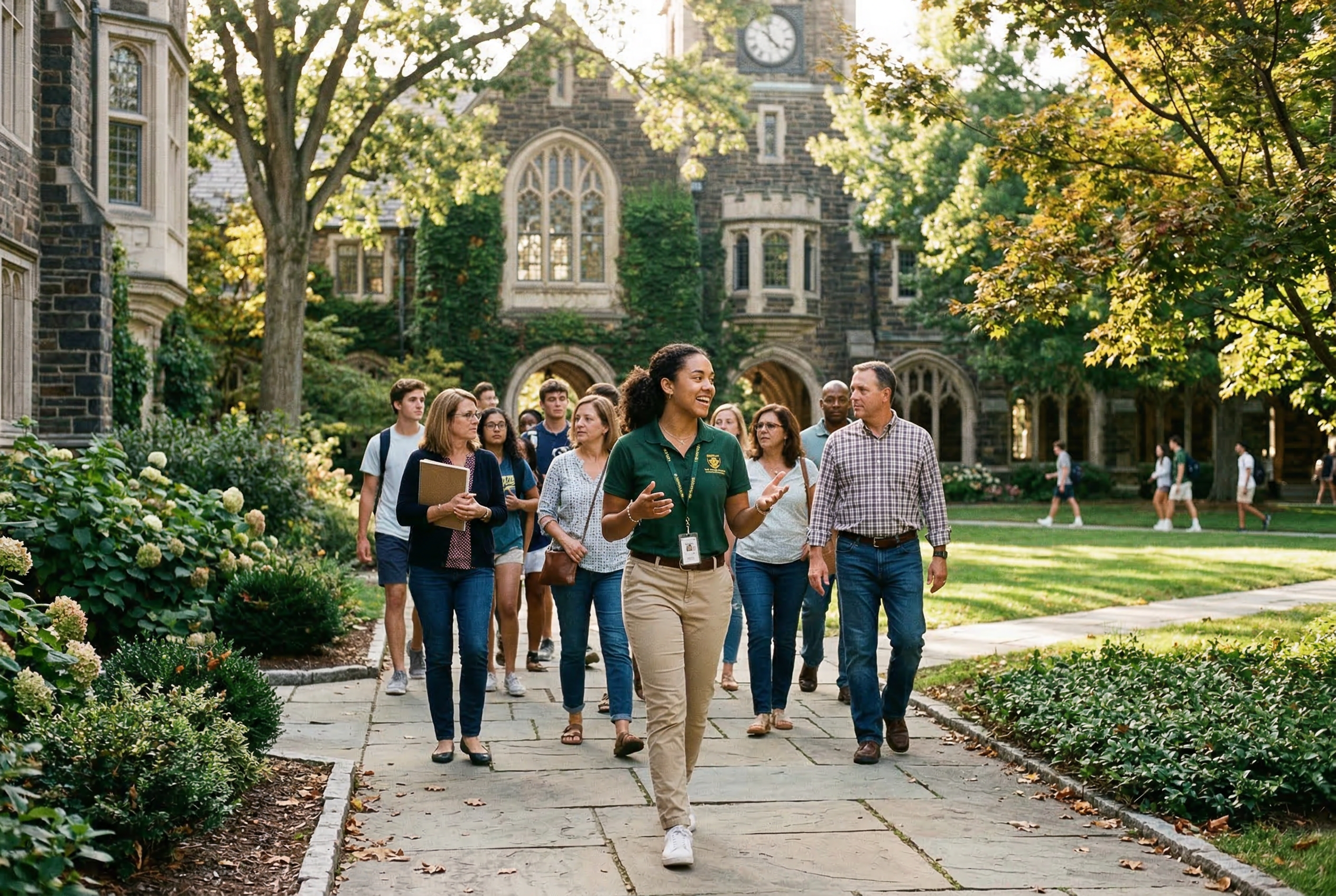 A student ambassador leading a campus tour
