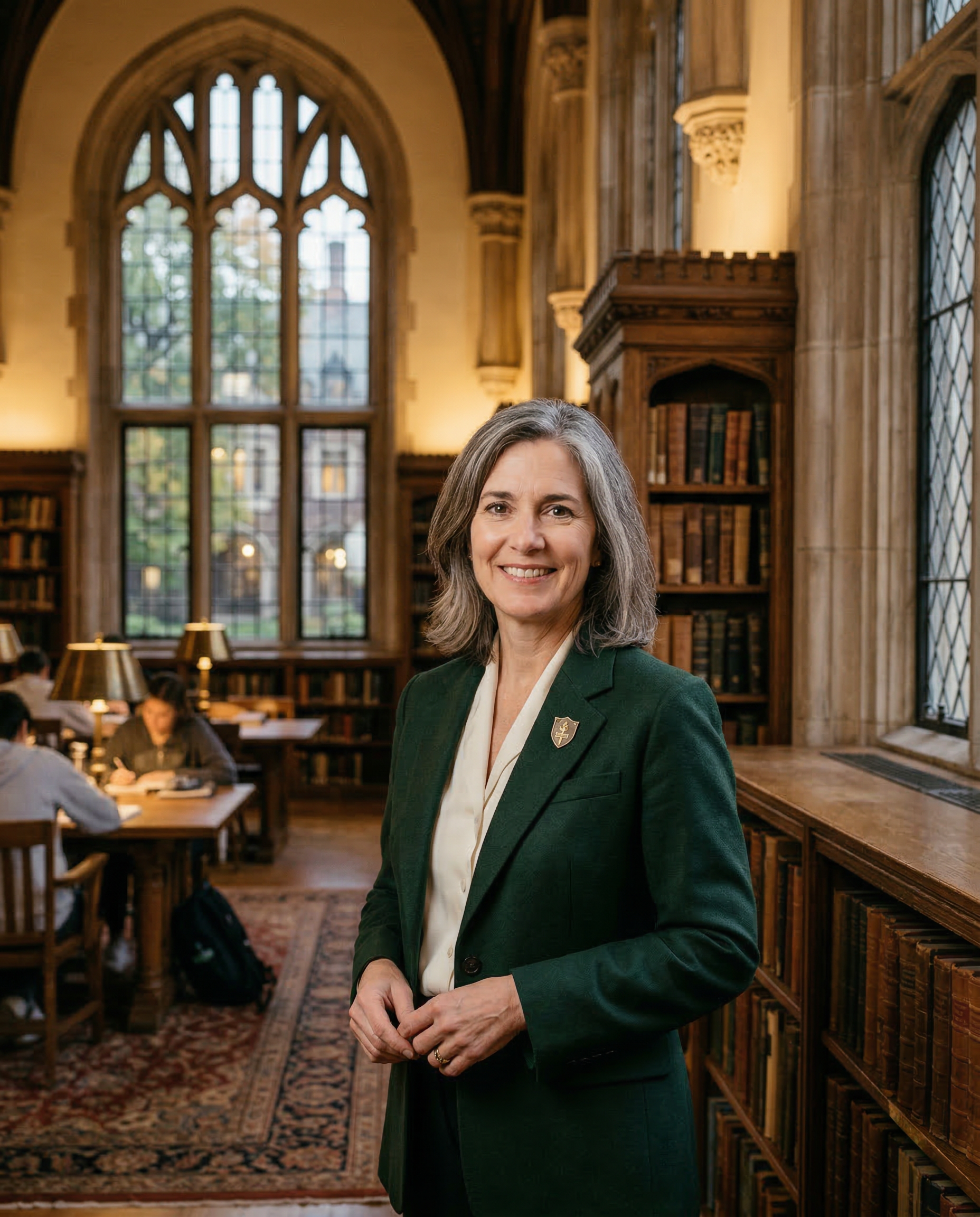 President Eleanor Vance standing in the campus library