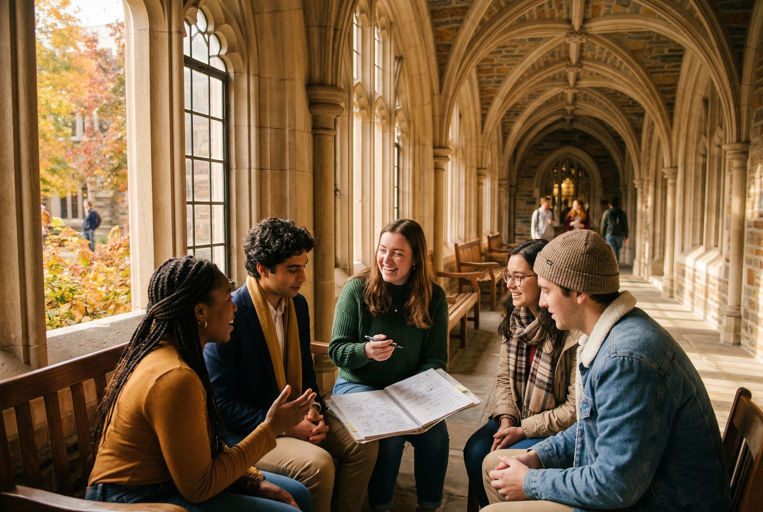 Students discussing a project in a classical academic corridor