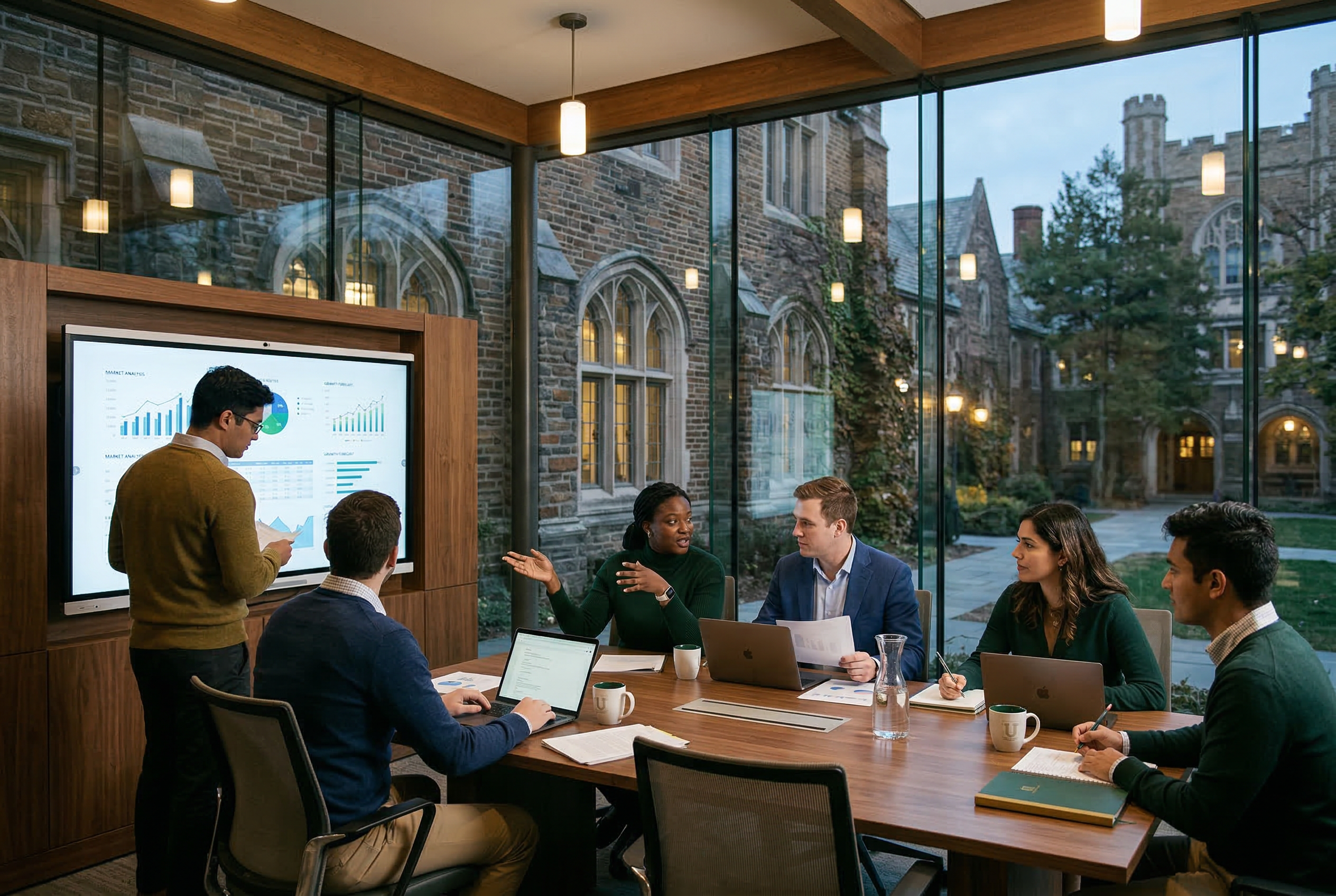 Business students collaborating in a modern seminar room