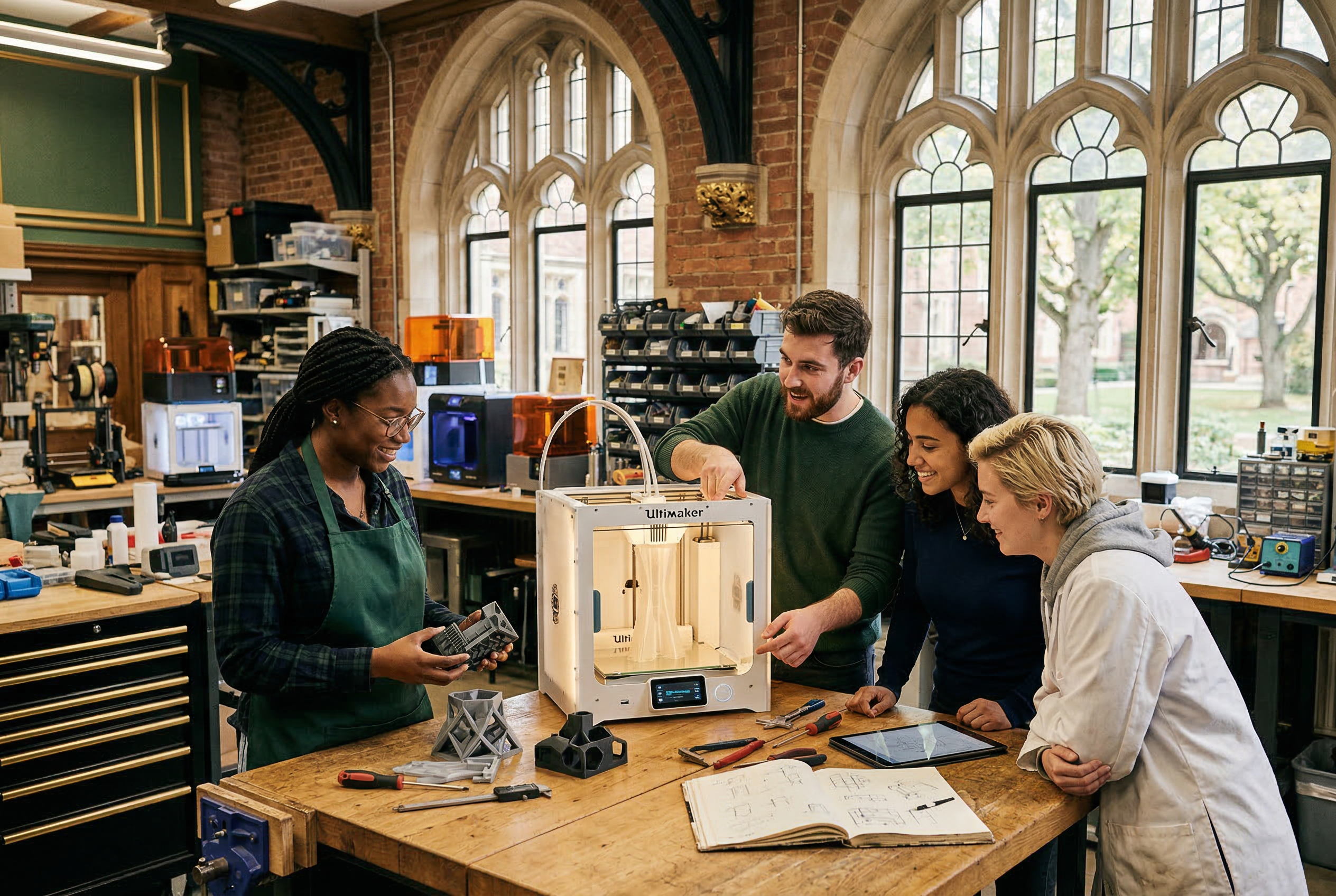 Engineering students working around a 3D printer