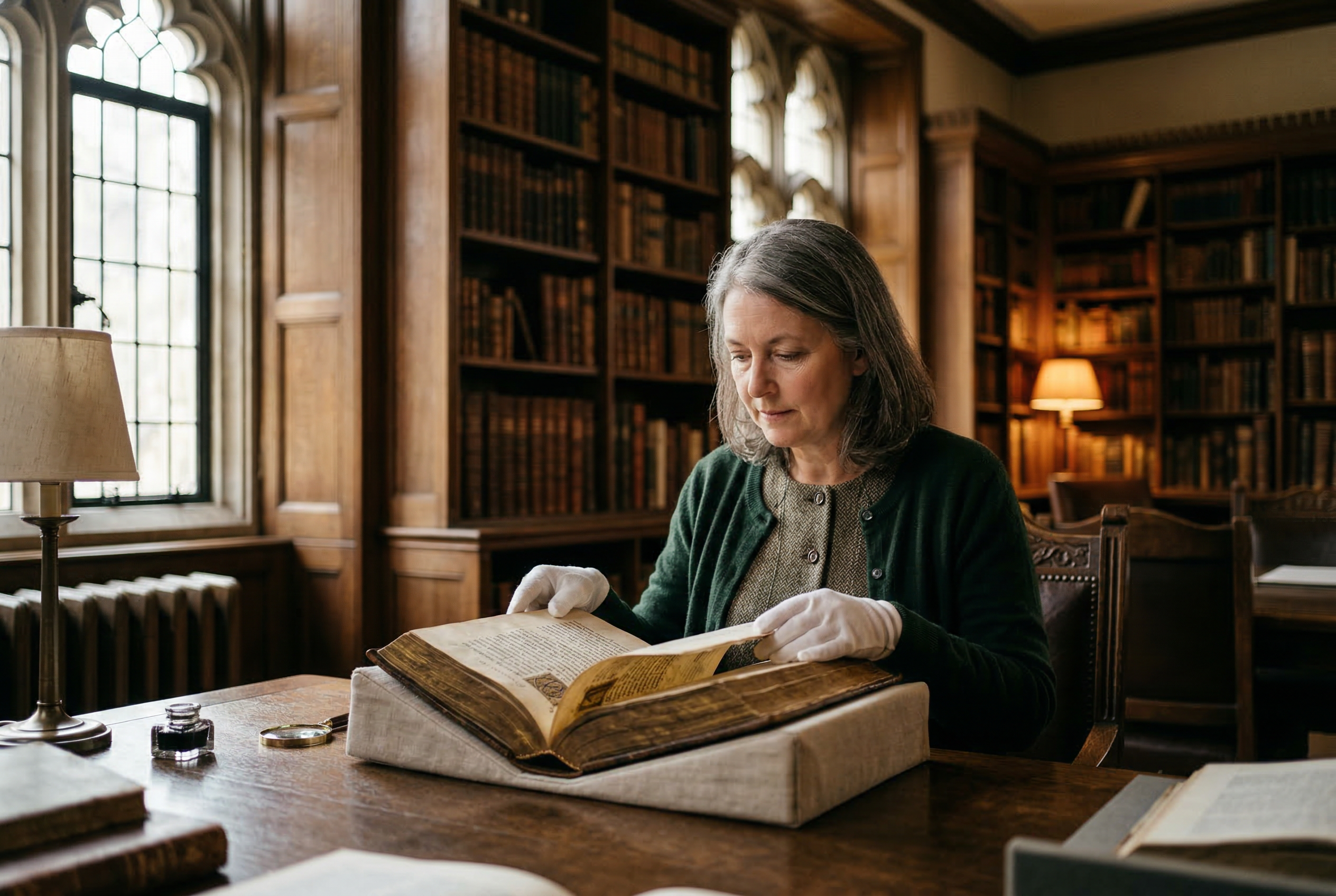 A librarian opening a rare book in special collections