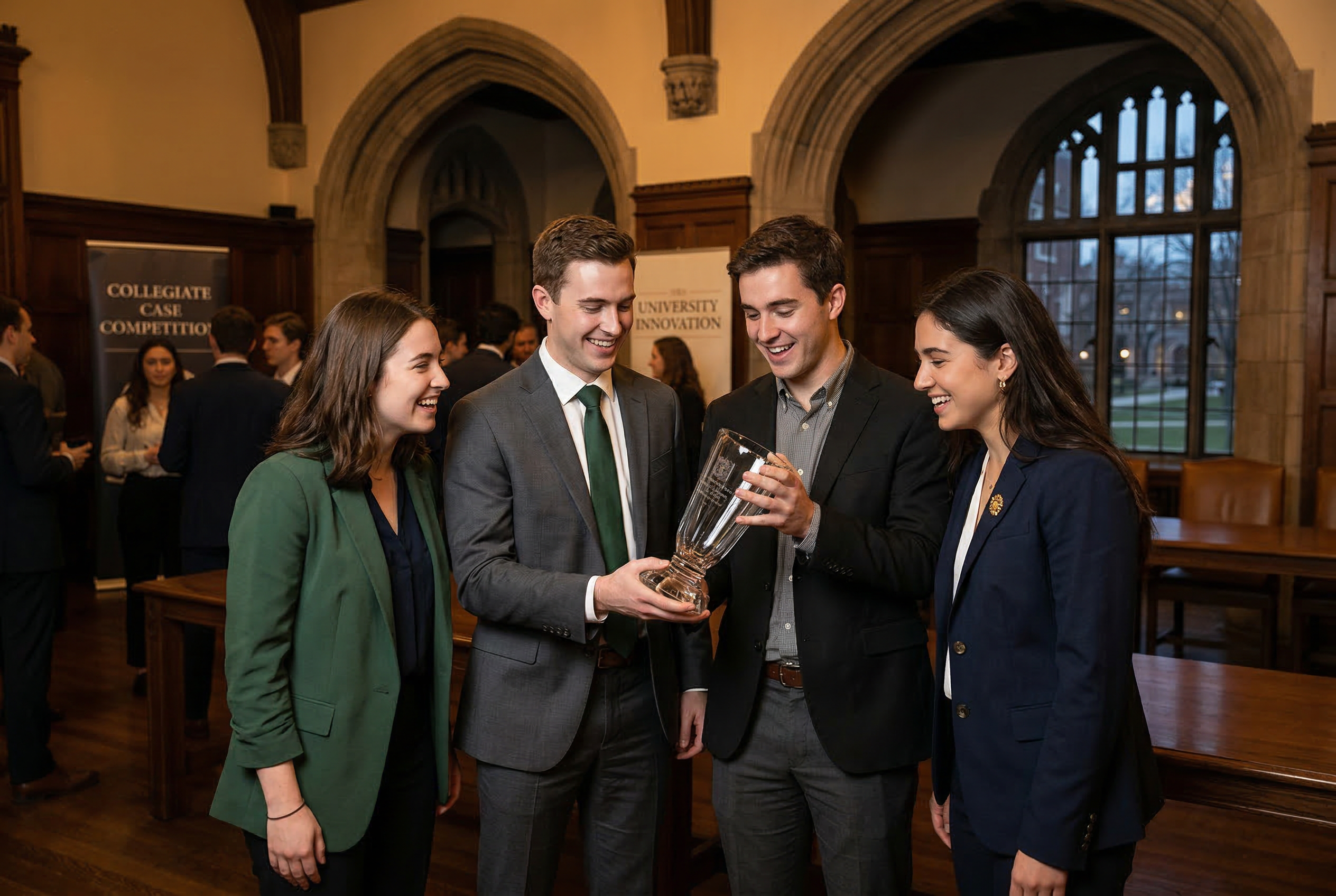 Business students holding a competition trophy