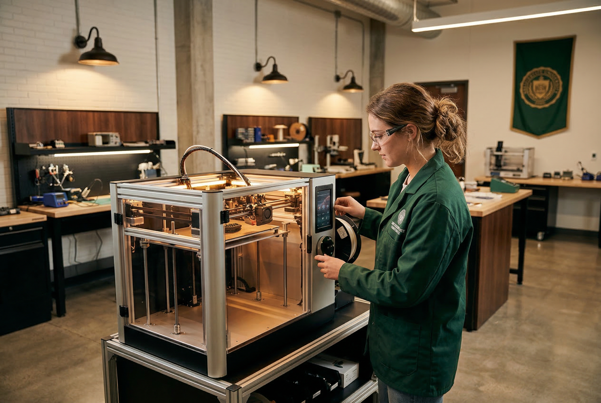 A student working with a new 3D printer in the makerspace