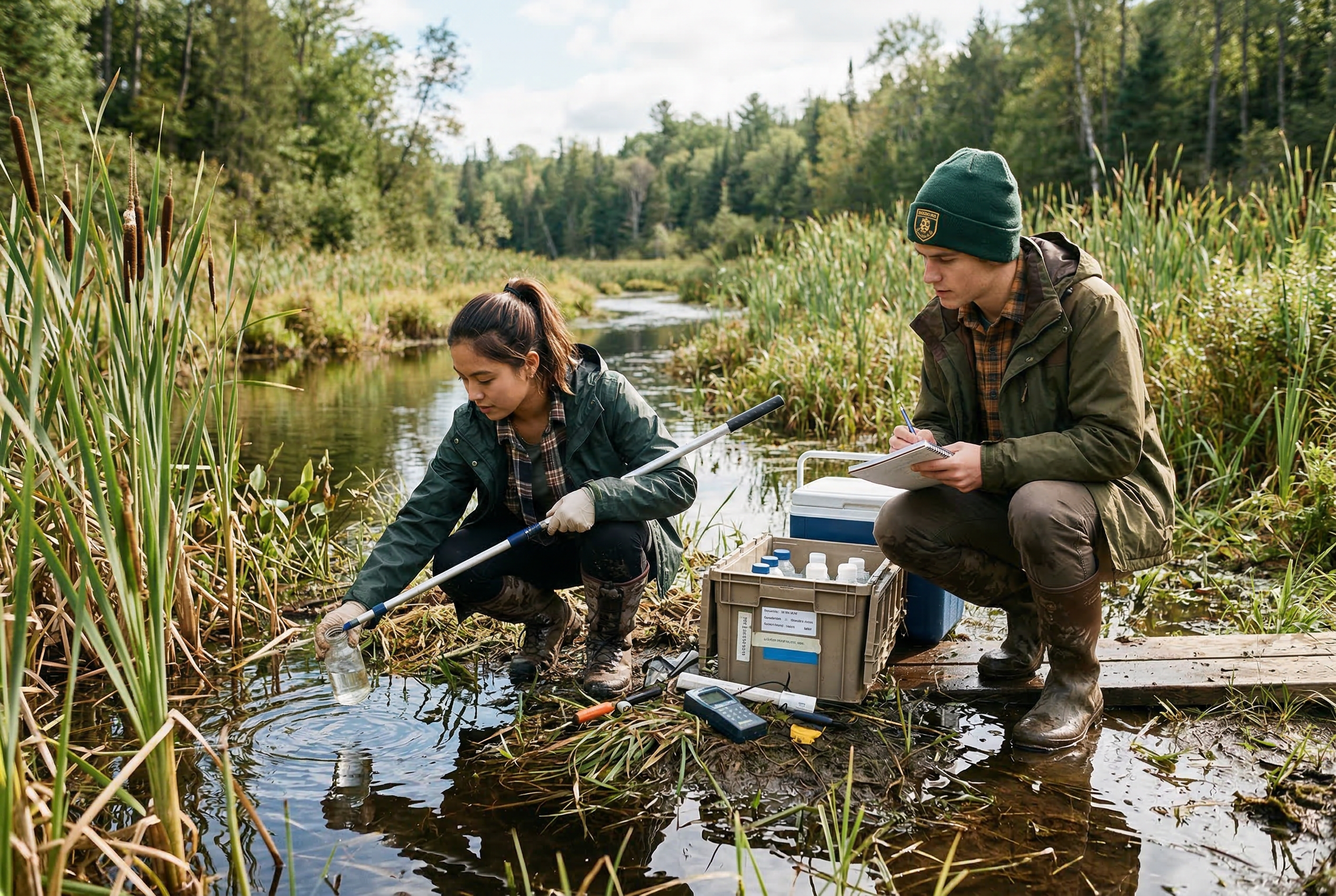 Students collecting water samples in the wetland field station