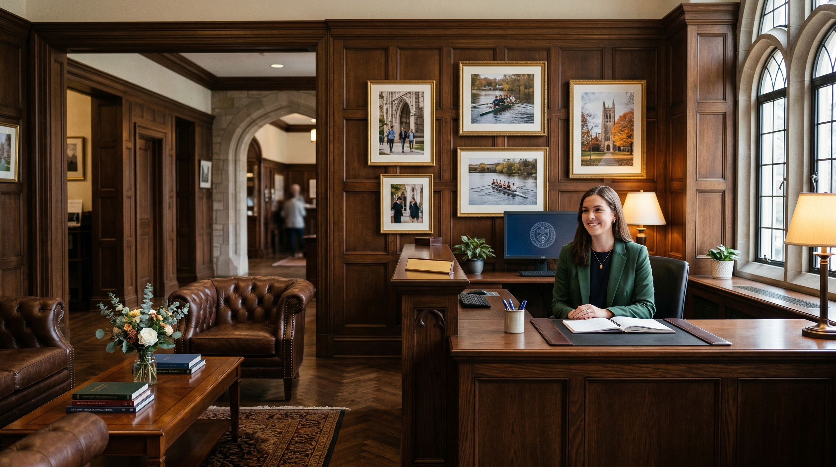 A polished campus office reception area