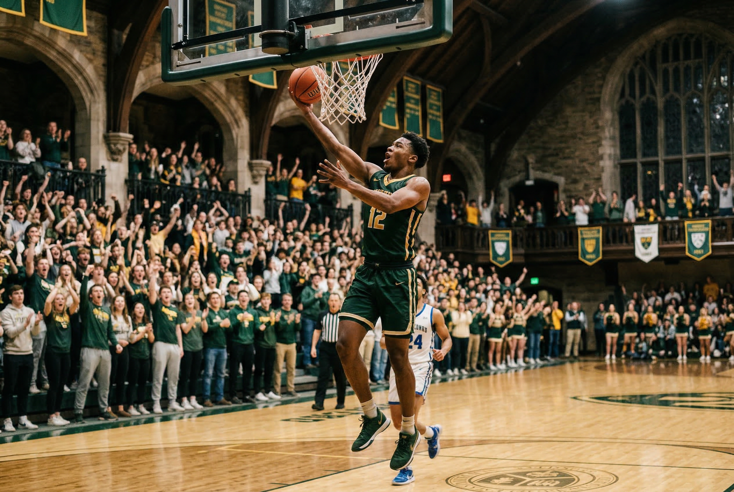 A Sinclair athlete making a layup during a home game